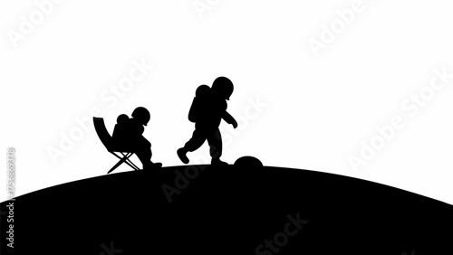 Astronauts explore a new world with one relaxing in a chair, a vector silhouette of space exploration