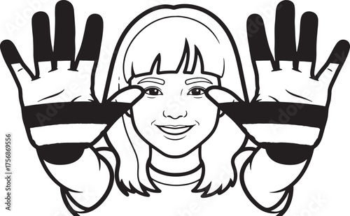 Smiling girl with open hands wearing striped gloves, black and white minimal vector illustration