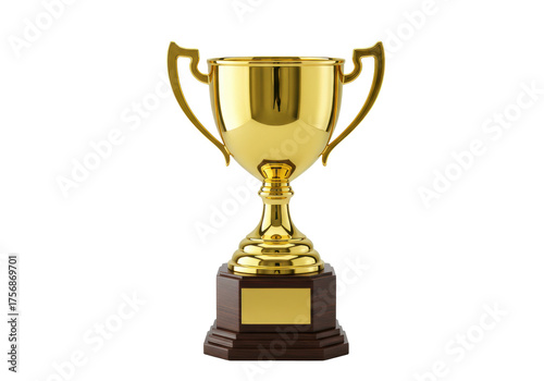 Golden trophy cup isolated PNG on transparent background, award prize for winning and success in sport or business competition