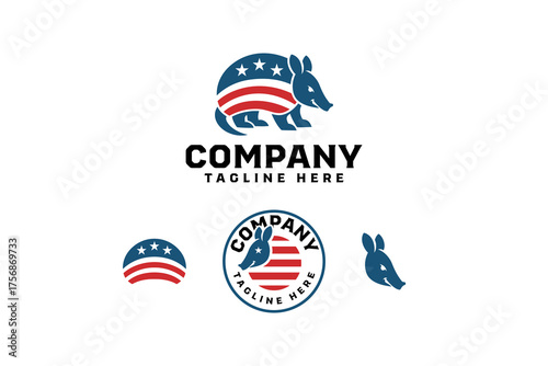 armadillo with stars and stripes red blue mascot modern logo design set for patriotic, american, texas, politic, government, ministry, demonstrators. vector illustration