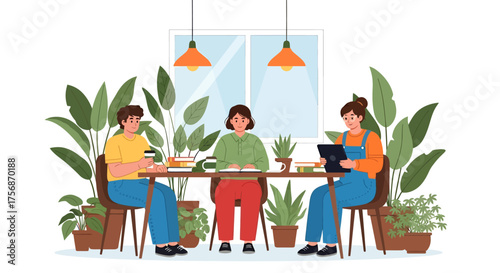 Diverse Team Collaborating in a Bright Plant Filled Greenhouse Office Setting