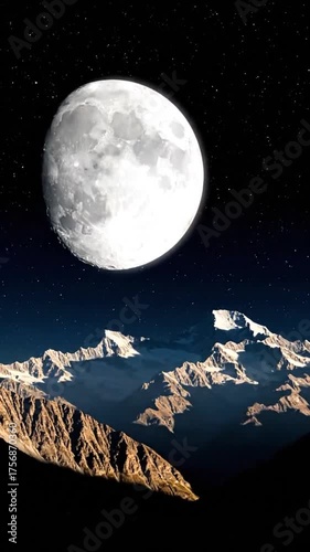 Dramatic full moon rising above snow capped mountains at night