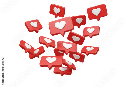 Red 3D like icons PNG isolated on transparent background, social media notification for marketing and engagement