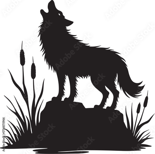 Black silhouette of a wolf howling on a rock with cattails