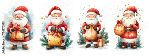 Christmas watercolor Santa Claus character with gift bag and pine tree decor cute holiday festive illustration for winter celebration greetings cards and posters