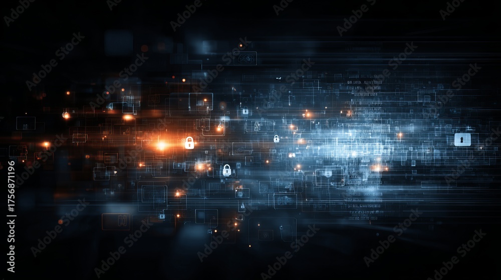 Fototapeta premium Dynamic digital network security concept with glowing data streams and locked icons