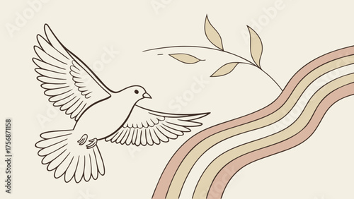Dove with olive branch and rainbow illustration a symbol of peace, hope, and new beginnings, perfect for posters, cards, and designs that promote harmony and positivity