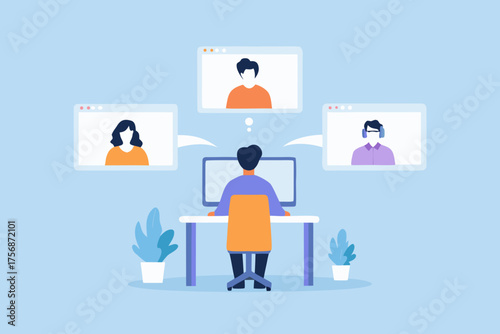 Man on a video call with colleagues discussing work from home and remote communication