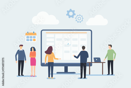 Team collaborating on a digital calendar and project timeline on a large computer screen