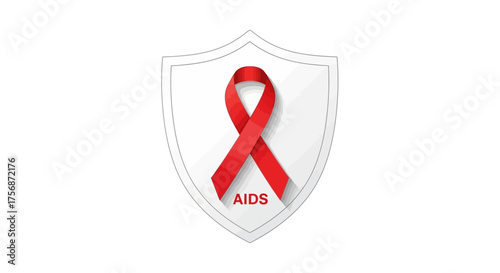 Advancing global health education and public awareness to foster AIDS prevention, support, and protection, visually represented by a symbolic red ribbon within a shield icon