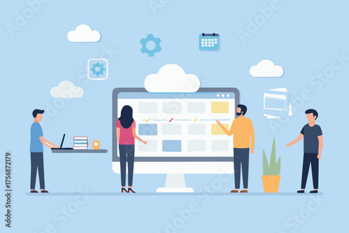 Team collaborating on a digital project using a large monitor and cloud technology