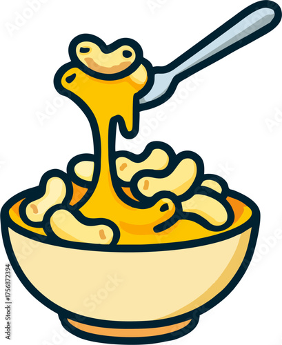 Macaroni Cheese Bowl Vector Illustration, Cheesy Pasta with Fork