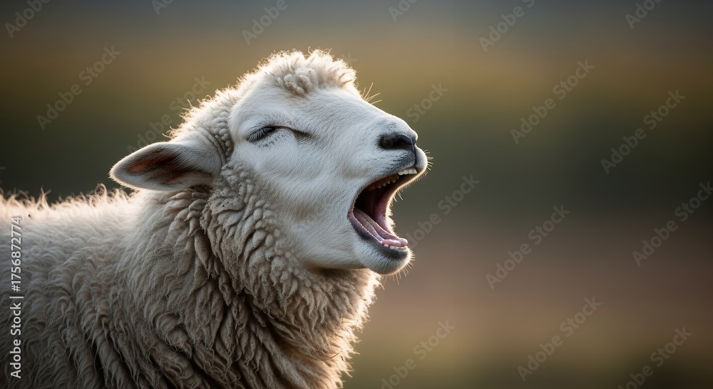Fototapeta premium A fluffy sheep yawning softly, cute natural moment, isolated background