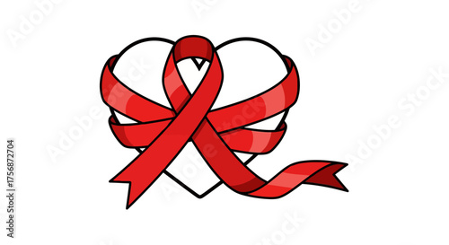 Red awareness ribbon gracefully encircling a heart, symbolizing global solidarity for health initiatives and promoting vital public education on critical well-being and support issues