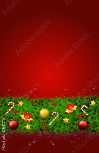 Christmas background with fir branches and decorations, red holiday backdrop for text
