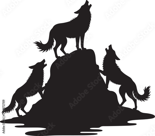 Three black wolf silhouettes howling on a rocky outcrop