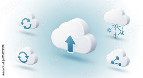 Isometric cloud computing concept featuring data synchronization, network connection, and file sharing on a blue gradient background, showcasing modern technology