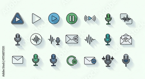 Set of audio and recording icons, featuring microphones, sound waves, play, pause, and email symbols, designed with a modern, flat style