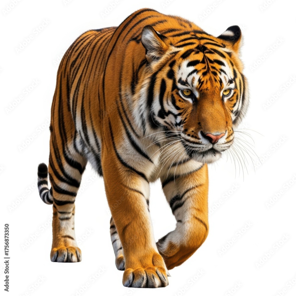 Fototapeta premium Majestic tiger stalks forward powerful big cat with striped fur and intense gaze