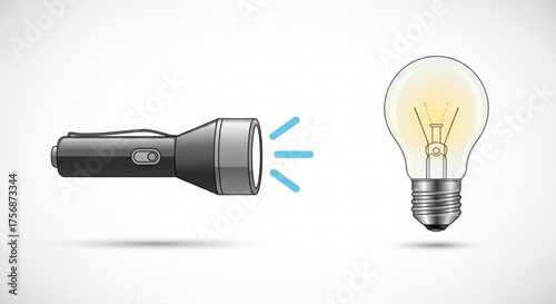 Illustration of a flashlight and lightbulb on, representing the concept of light, illumination, electricity, and energy efficiency
