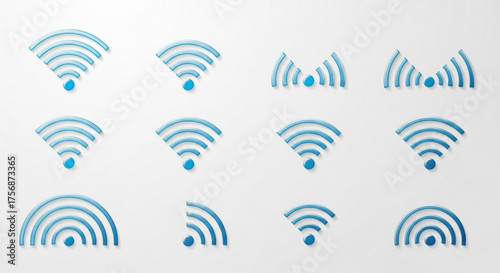 Collection of wifi icons on showing wireless internet connection, signal strength, and network availability for devices and technology