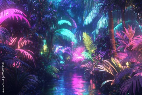 Glowing jungle scene with vibrant neon plants and tropical wonder under a mysterious night sky