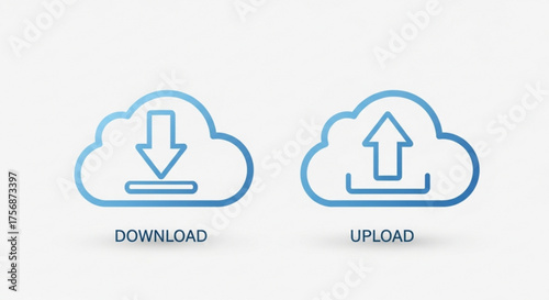 Blue cloud icons with download and upload arrows, representing cloud computing and data transfer services