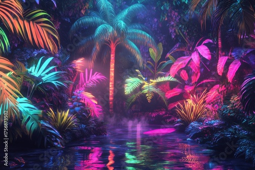 Neon jungle wonderland glows in the dark with vivid colors and surreal reflections