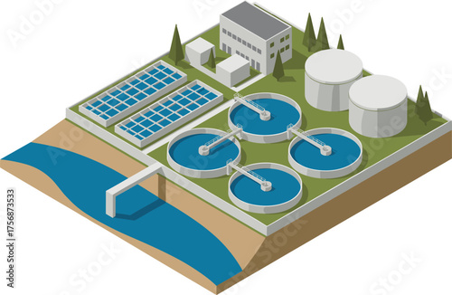 Modern wastewater treatment plant illustration, 3D isometric view, clean water facility, water purification system, eco-friendly industrial infrastructure concept