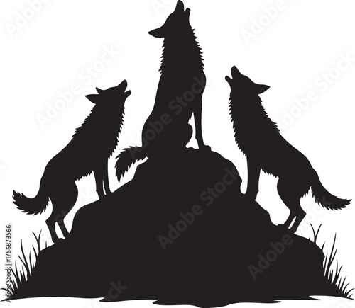 Three black wolves howling on a rocky outcrop wolf