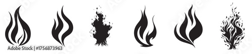Black Silhouette Flame Illustrations Isolated on White Background. Concept of Fire Design, Elemental Art, Abstract Blaze, Minimalist Decoration. Print, Icon, Design Element. Set