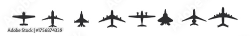 Airplane icon set. Aircrafts icons flat style. Airplanes silhouettes top view. Vector icons