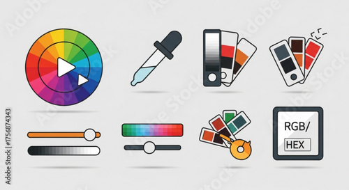 Set of vibrant color selection tools, including color wheels, eyedroppers, sliders, and rgbhex selectors for graphic design and digital art
