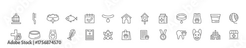 Animal Veterinery line icon set. Pet services, pet, care, veterinary, vet, healthcare, dogfood, rabbit, parrot, fish, food, water, collar, toy, bath line icon set. 