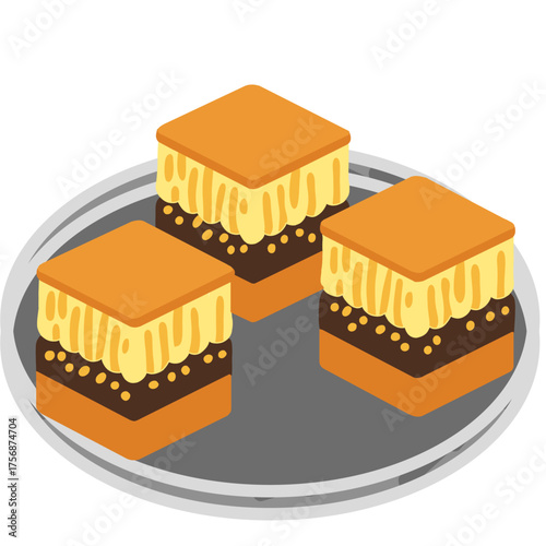 Isometric vector illustration of three pieces of "Martabak Manis" or "Apam Balik" (sweet Indonesian pancake) on a round silver plate