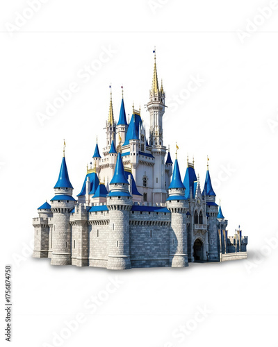 Enchanting fairy tale castle with blue turrets and golden spires, perfect for fantasy scenes, magical kingdoms, and children's stories, a symbol of dreams