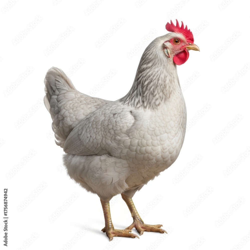 Fototapeta premium Close up studio shot of a live white hen standing isolated on a
