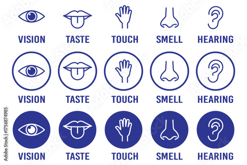 Human senses icon set. Vision eye, smell nose, hearing ear, touch hand, taste mouth with tongue. Simple line icons in circle. Five senses of human nervous system.