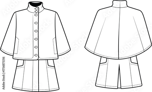 Technical flat sketch vector illustration of a fitted sheath midi dress with pleated flutter cap sleeves, front and back view for elegant cocktail apparel design and fashion templates.