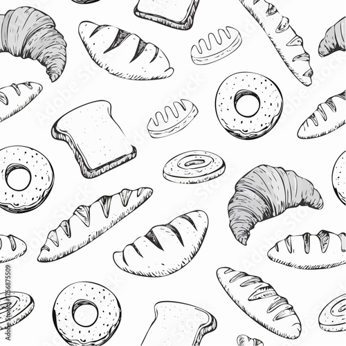 Seamless pattern featuring a delightful assortment of baked goods, including bread, croissants, and bagels, perfect for culinary and bakery themes