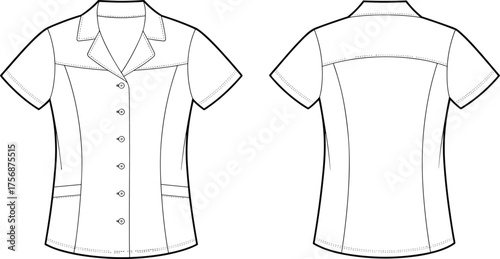Technical flat sketch vector illustration of a sleeveless A-line dress with round neck and back zipper, front and back view for classic feminine apparel design and fashion template CAD.