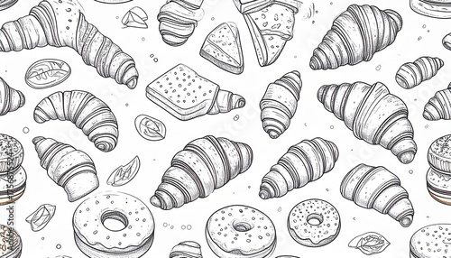 Hand-drawn seamless pattern of breakfast pastries in a black and white sketch style. A repeating background of croissants, donuts, and other baked goods