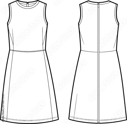 Technical flat sketch vector illustration of a flared A-line skirt with draped tucks, curved pockets, and wide waistband, front and back view for feminine apparel design and fashion templates.