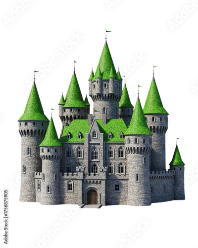 Enchanting fairytale castle with vibrant green turrets, perfect for fantasy illustrations or magical storybooks bringing childhood dreams and imaginative adventures alive
