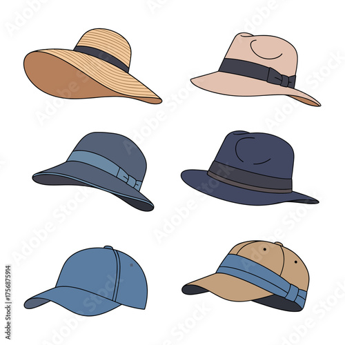 A collection of six different styles of hats including sun hats fedoras and baseball caps for various occasions and weather conditions.