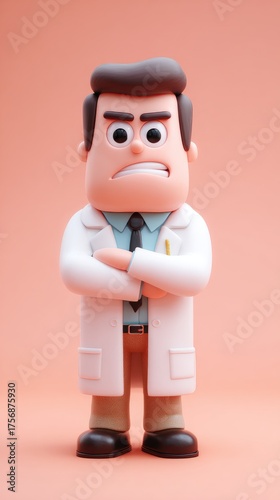 Angry Doctor Figurine Poses with Arms Crossed on Peach Background.