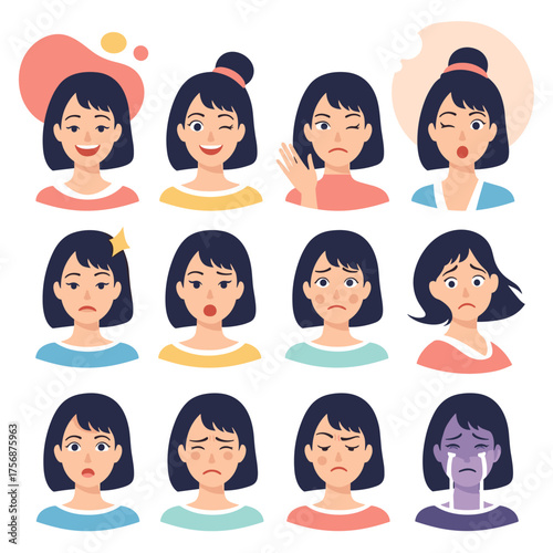 A collection of cartoon portraits depicting various human emotions and facial expressions.