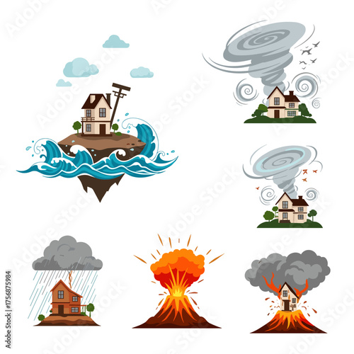 Natural disasters including floods tornados volcanic eruptions and storms.