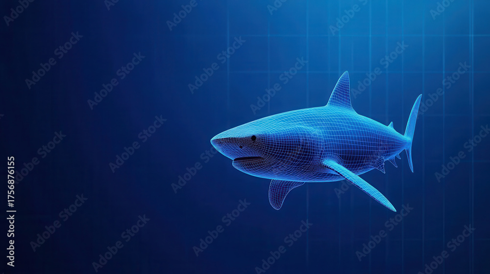 Fototapeta premium Digital representation of shark wireframe design, showcasing minimalist aesthetic with blue gradient background. image conveys sense of technology