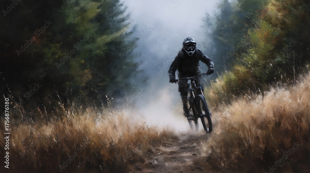 Fototapeta premium ic depiction of a mountain biker descending a dirt trail through a misty forest evoking action and atmosphere